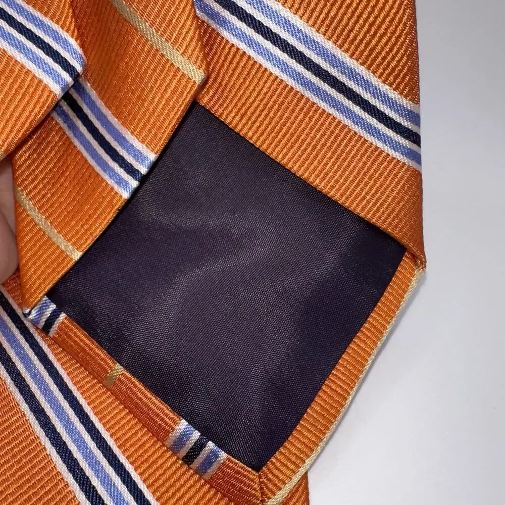 Paul Fredrick Mens Tie Orange Blue Gold Striped 100% Silk 58 x‎ 3.5 Classic